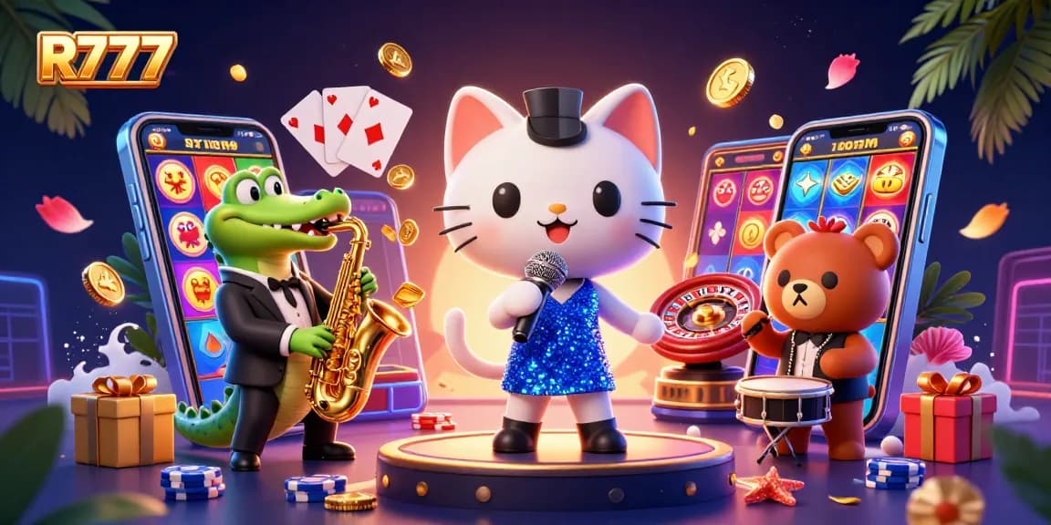 Engage in R777's vibrant online gaming atmosphere with lively characters and dynamic casino elements.