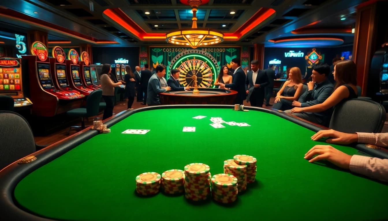 Engaged players strategize at a vipwin-themed poker table in a luxurious casino setting.