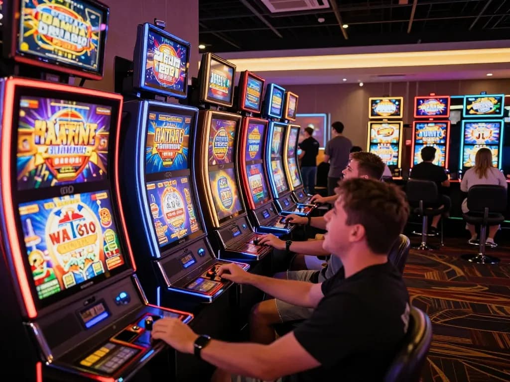 Players enjoying slot777 machines in a lively casino atmosphere, showcasing excitement and vibrant lights.