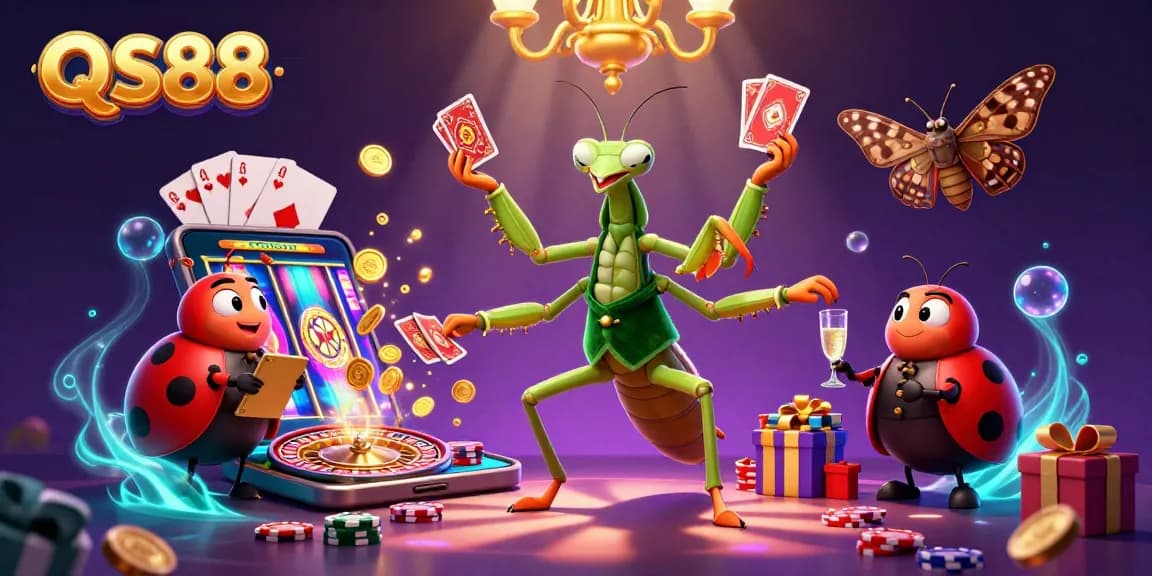 QS88 gamblers enjoying dynamic casino scene with cards, chips, and golden coins.