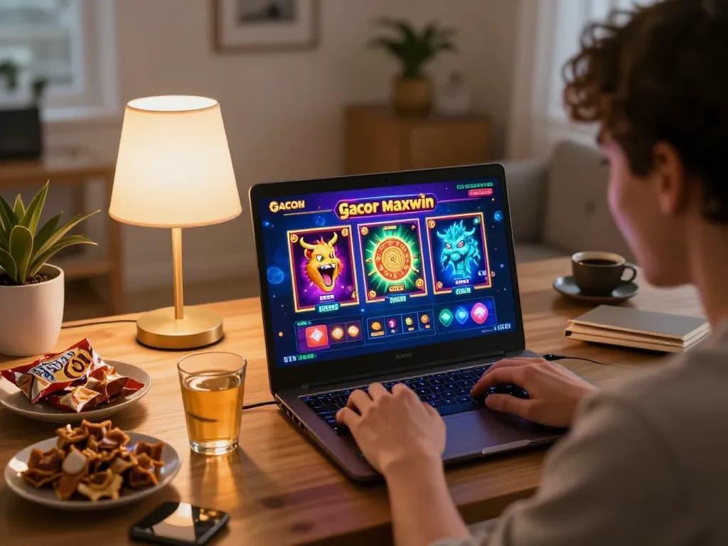 Memainkan slot gacor maxwin secara online di laptop dalam suasana nyaman dengan camilan, menekankan permainan yang strategis.