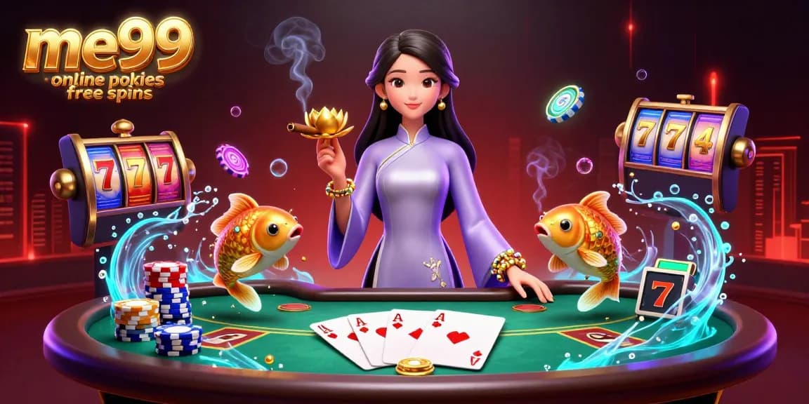 Experience exciting wins with me99 online pokies free spins in a vibrant casino setting filled with poker elements.