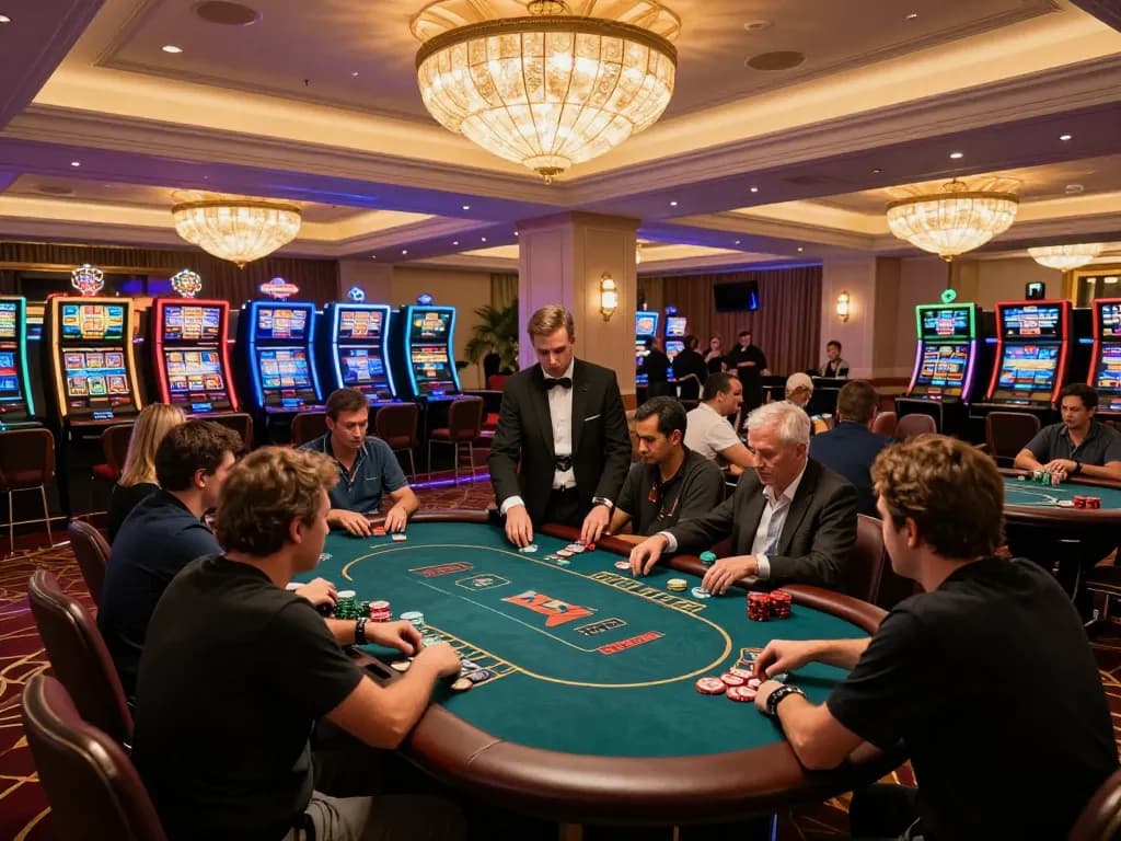 Players at a VSBET poker table in an upscale casino, showcasing excitement and strategic gameplay.