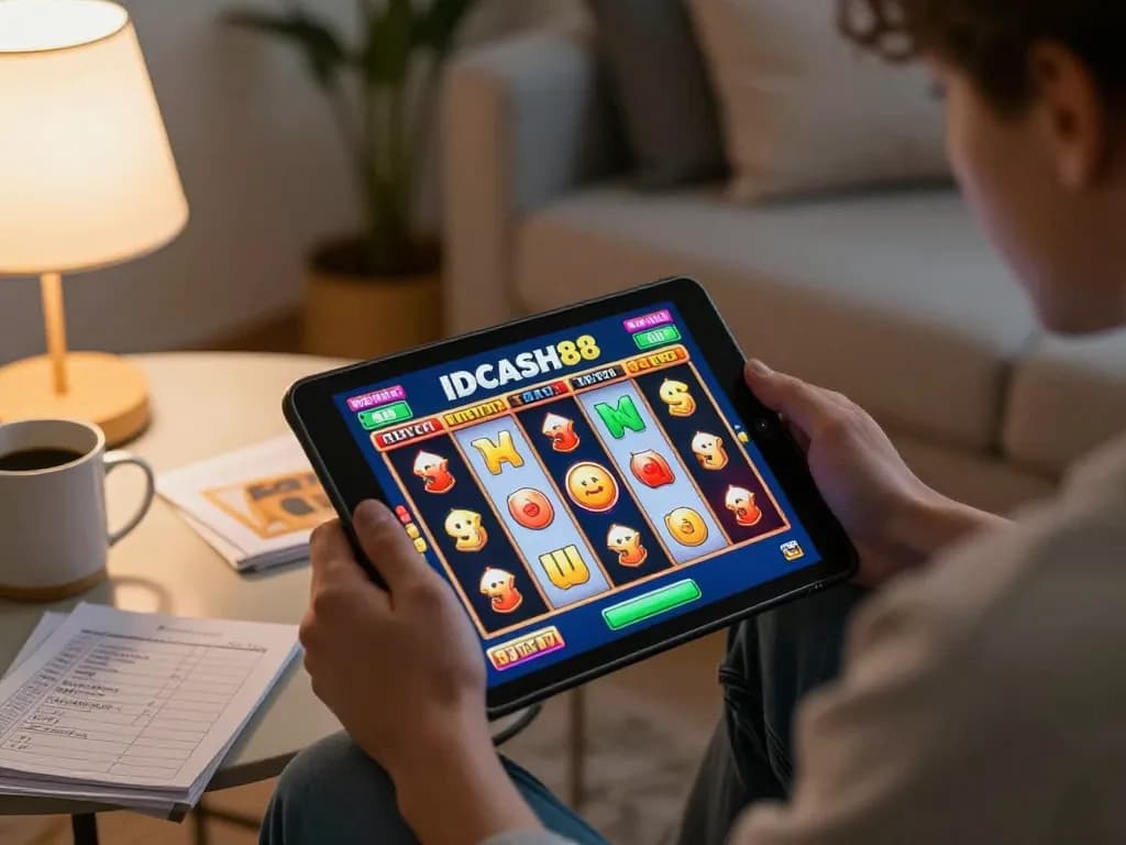 Player engaging with IDCASH88 online slots, vibrant reels spinning on tablet in a cozy living room.