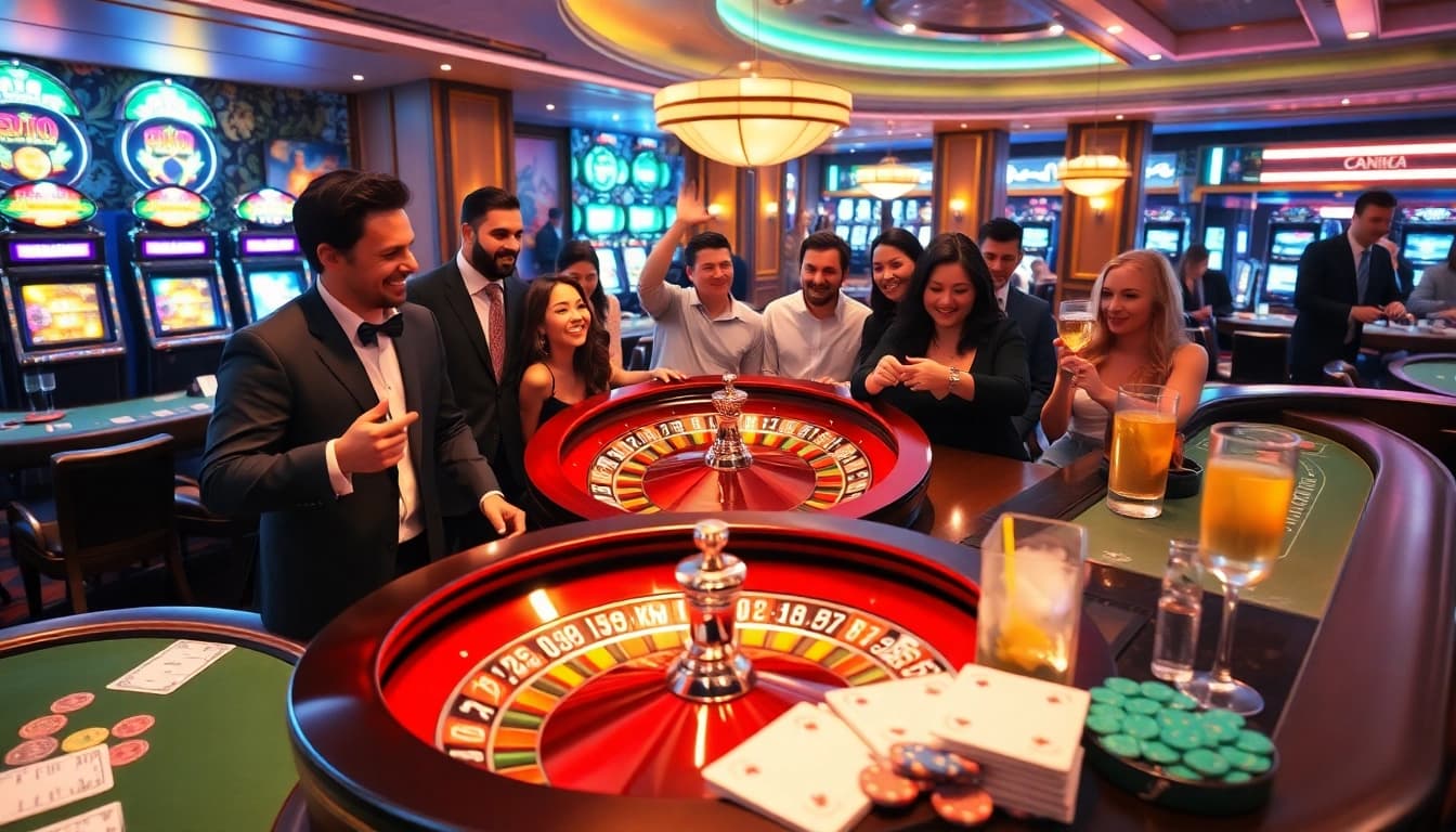 A dynamic casino scene highlighting nhà cái uy tín with players at roulette, poker tables, and vibrant slot machines.