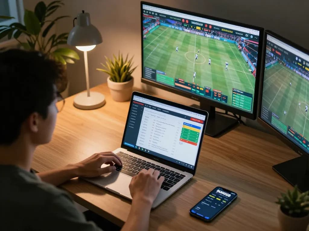 BONG88 user engaging in online sports betting, showcasing a modern setup with laptop and smartphone