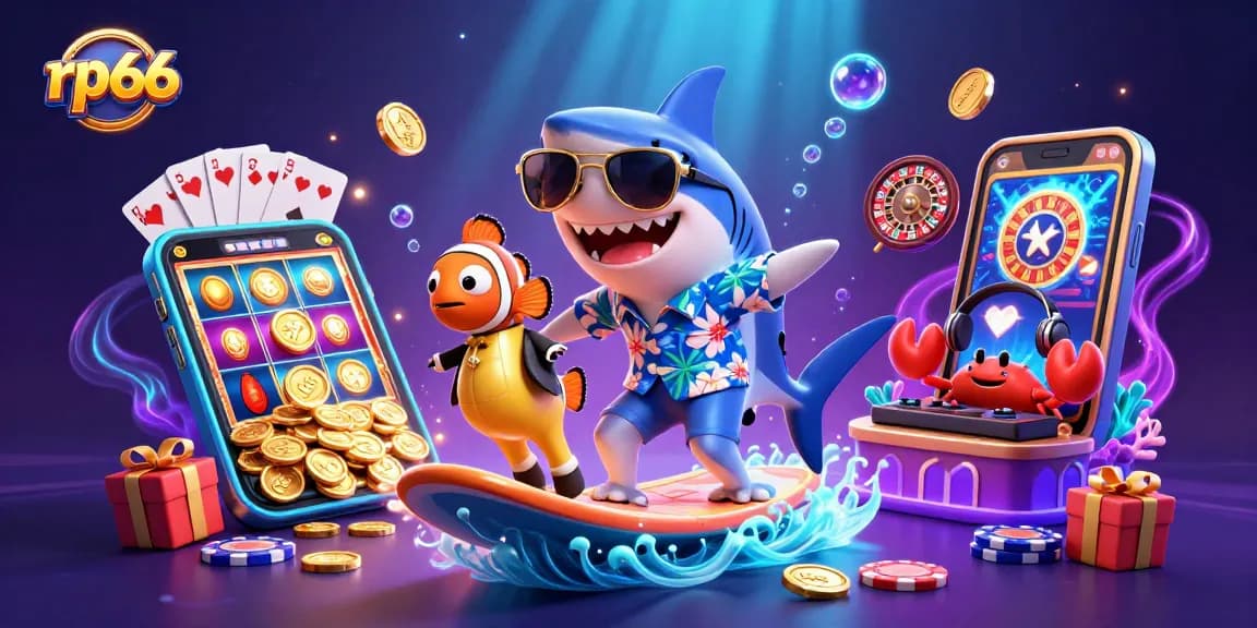Surf the waves of excitement with rp66, featuring a cartoon shark, clownfish, and crab DJ amid a vibrant casino scene.