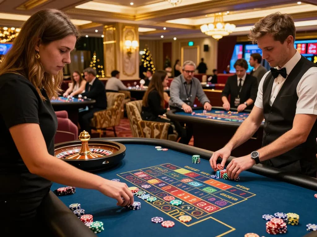 UGDEWA players enjoying a lively roulette game at a lavish casino venue with dynamic atmosphere