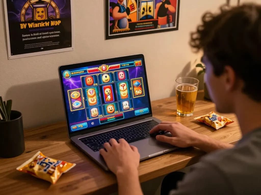 SATRIA123 player enjoying immersive online slot games on laptop in cozy atmosphere