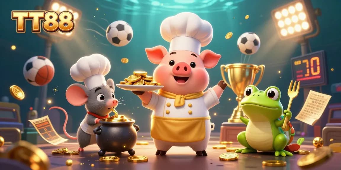 Engage with TT88 as the cartoon chef serves golden coins at a dynamic sports betting scene.