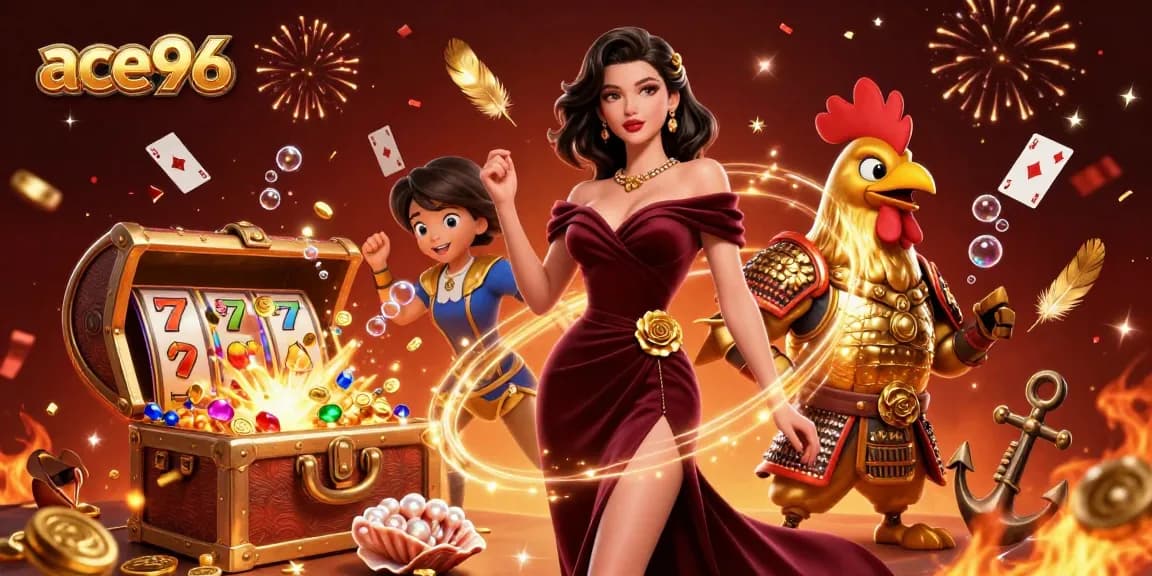 Experience thrilling gaming at ace96 with vibrant slots and captivating characters in a dazzling casino scene.