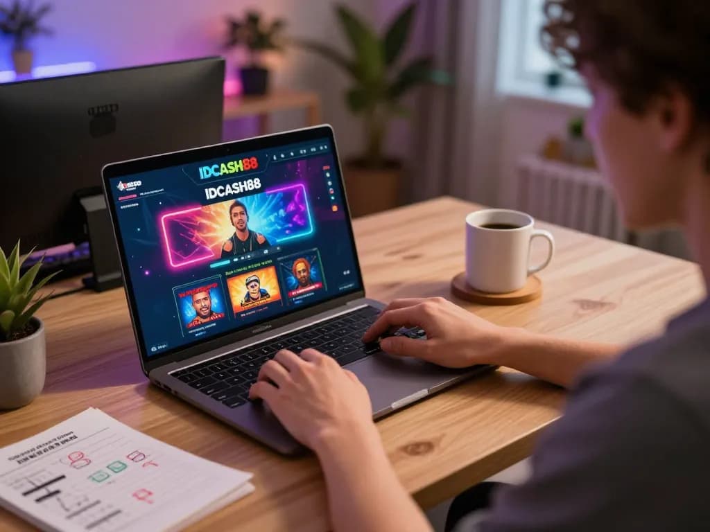 IDCASH88 user engaging in strategic online gambling session at home