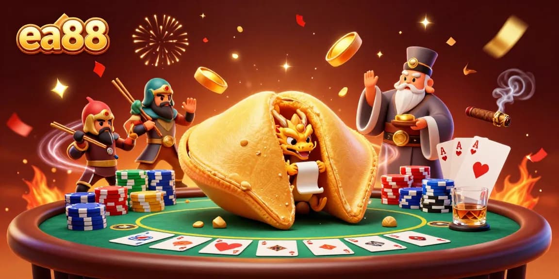 Interact with the dynamic scene showcasing ea88's lively poker setting including dragons and fortune cookies.
