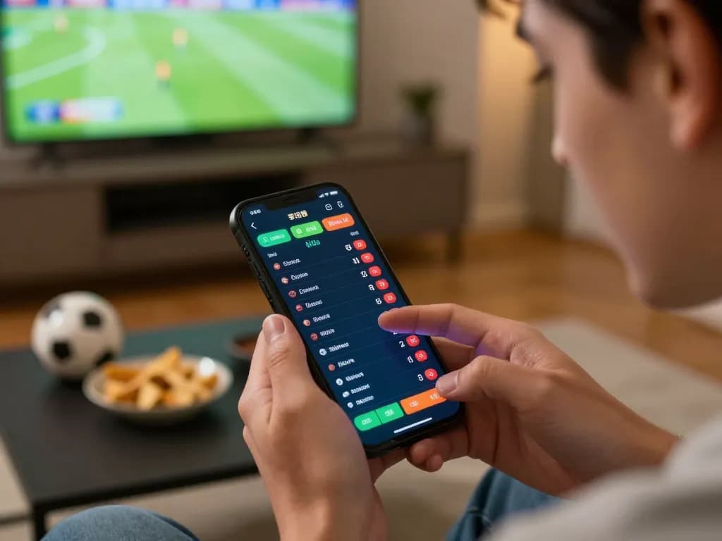 IDNSCORE mobile sports betting in action with live odds displayed on smartphone in a cozy living room setting.