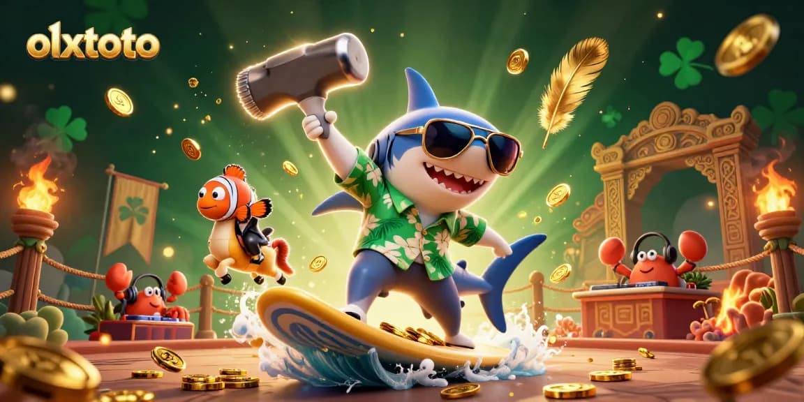 Memainkan olxtoto dengan hiu 3D berselancar di atas koin emas dan ikan badut di sampingnya.