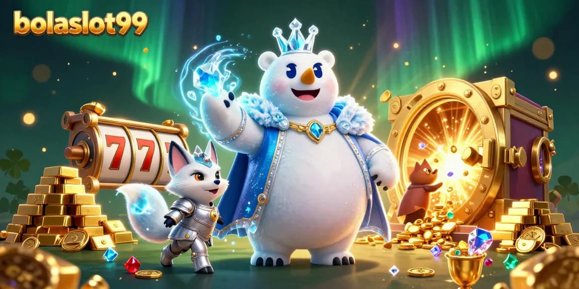 Bolaslot99 spins excitement with a glittering slot scene featuring a polar bear king and riches.