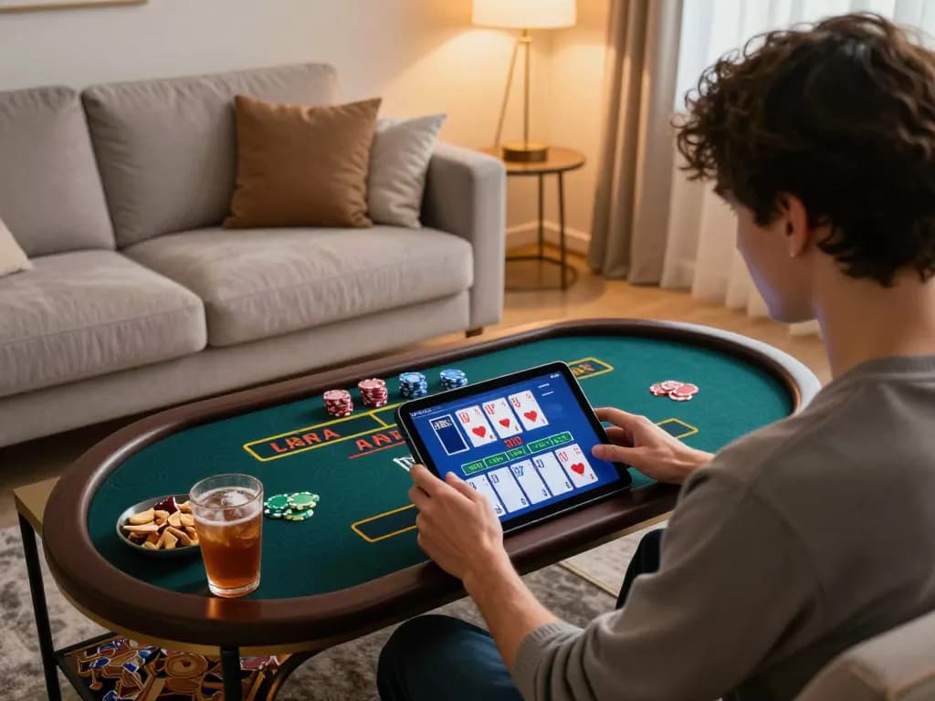 Person enjoying live dealer game on LGOSUPER tablet in cozy home setting, showcasing responsible gaming.