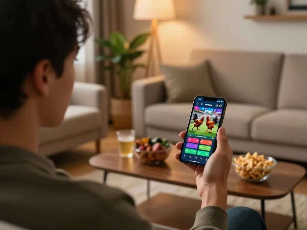 Watch live betting at https://daga88.free/ on your smartphone in a cozy home setting.