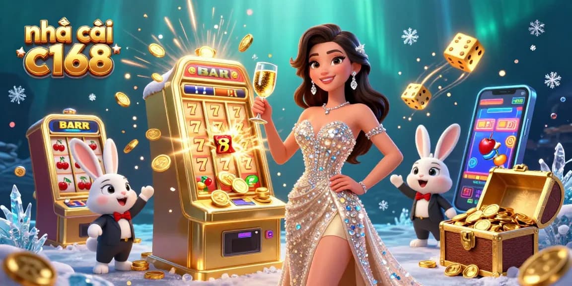 Engage with the exciting world of nhà cái c168, featuring a glamorous woman celebrating with a golden jackpot.