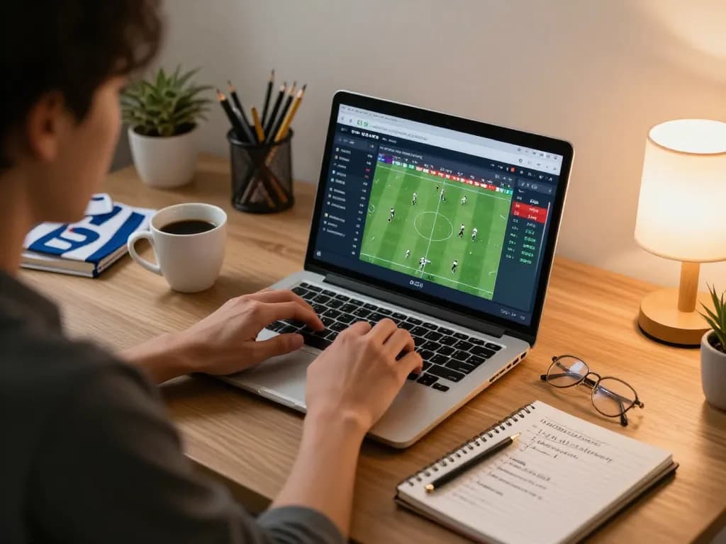 Tỷ lệ kèo nhà cái shown on laptop during a focused sports betting session at home.