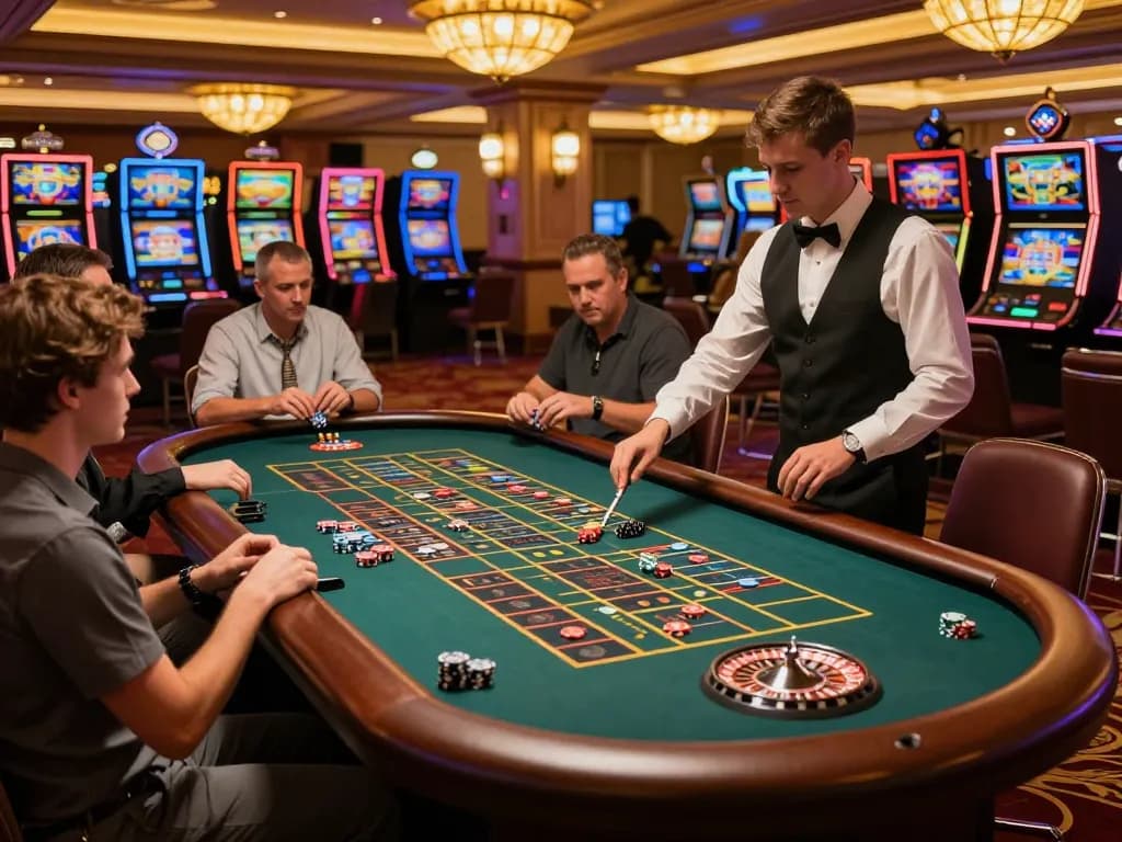 Engaged players at an MMOO COM roulette table celebrate their bets in a vibrant casino.