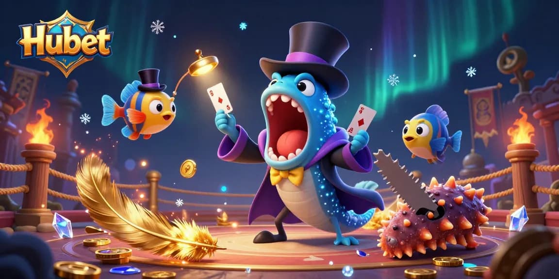 Experience thrilling magic with Hubet as deep-sea creatures perform exciting card tricks in a lively casino scene.