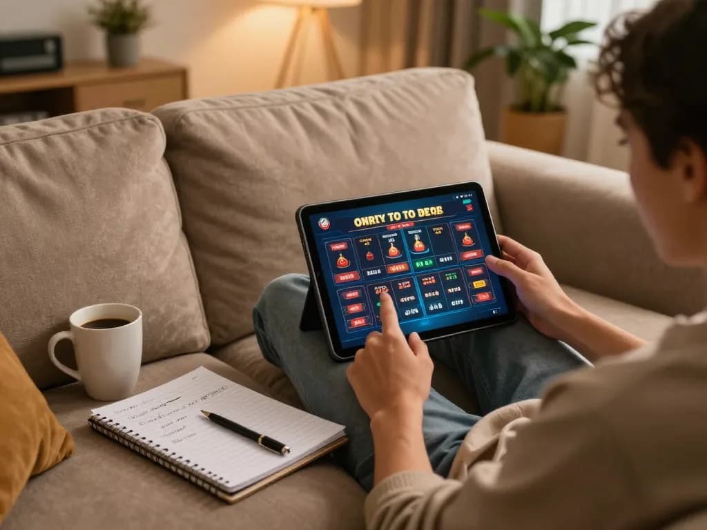 Kaisar888slot user enjoying an online casino game while taking notes in a cozy setting.