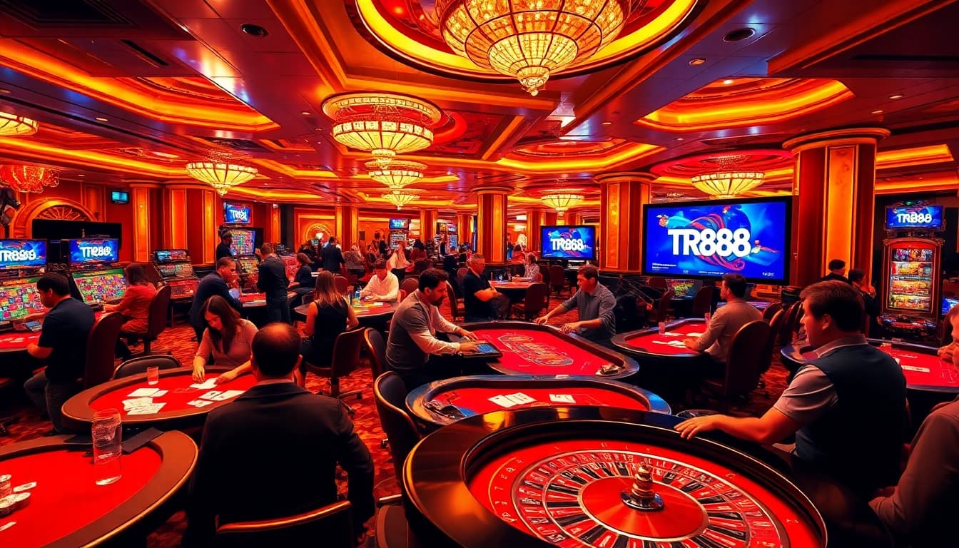 Players enjoy a thrilling gaming experience at TR88 casino, engaging with roulette and poker tables.