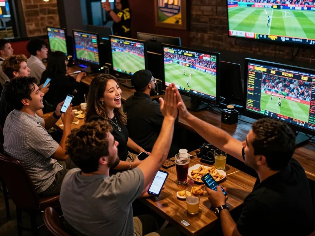 Patrons engaging with betting apps in a lively sports bar environment, representing the excitement of 789win.com.