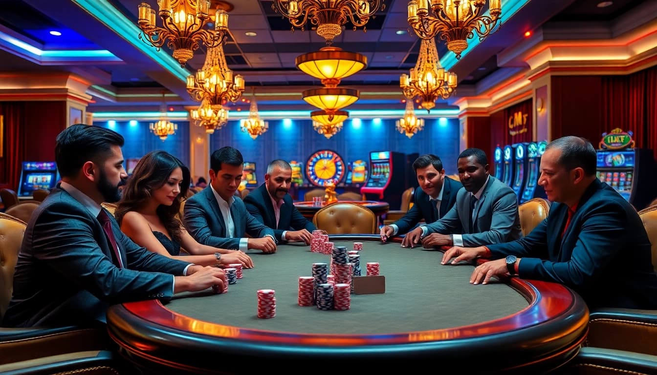 GO8 gamblers enjoying a thrilling poker game in a luxurious casino atmosphere, with vibrant chips and a roulette wheel.