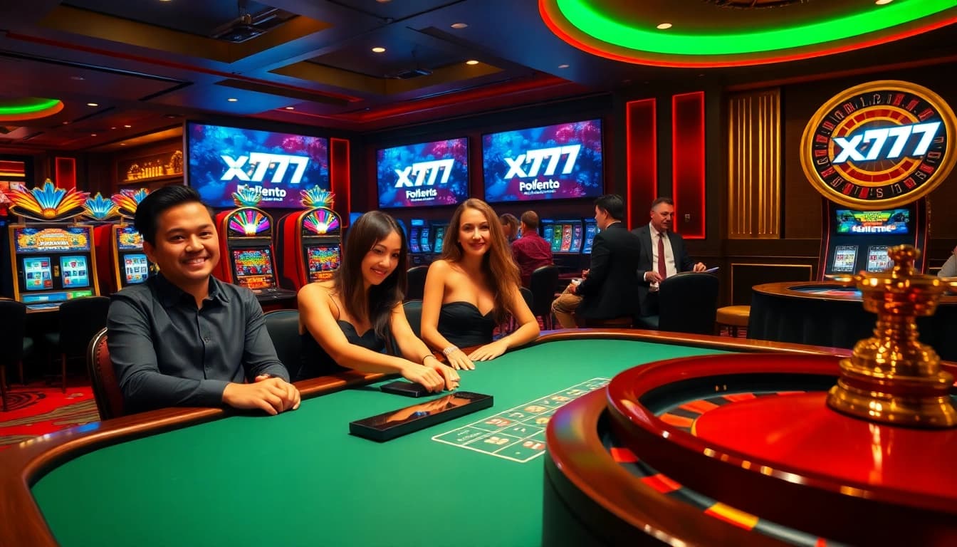 x777 casino scene showcasing players at a poker table and vibrant slot machines in a luxurious atmosphere.