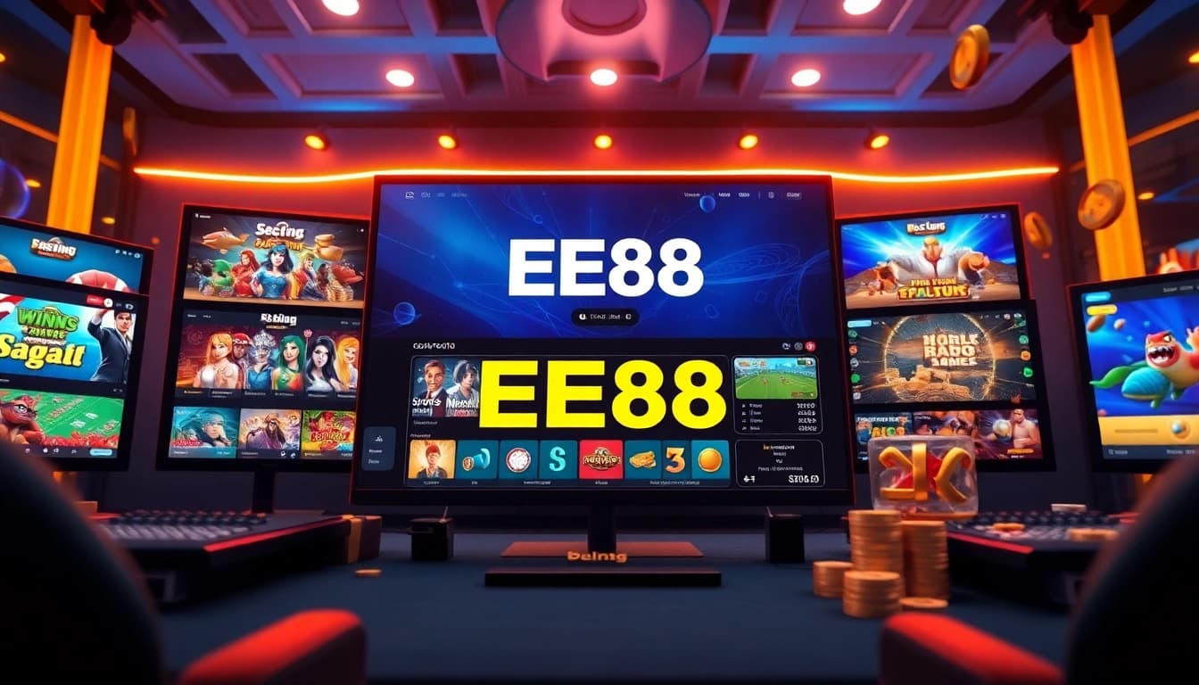 EE88 online gaming platform with vibrant 3D designs showcasing casino games and sports betting options.