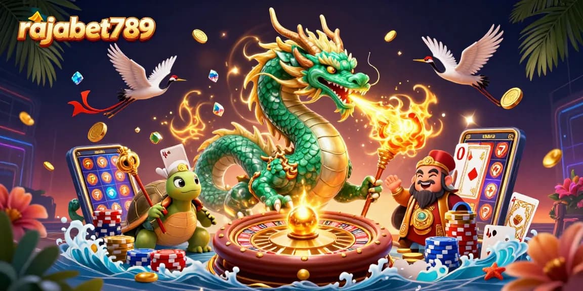 rajabet789 menampilkan ilustrasi kasino 3D dengan naga, kura-kura, dan bangau keberuntungan.