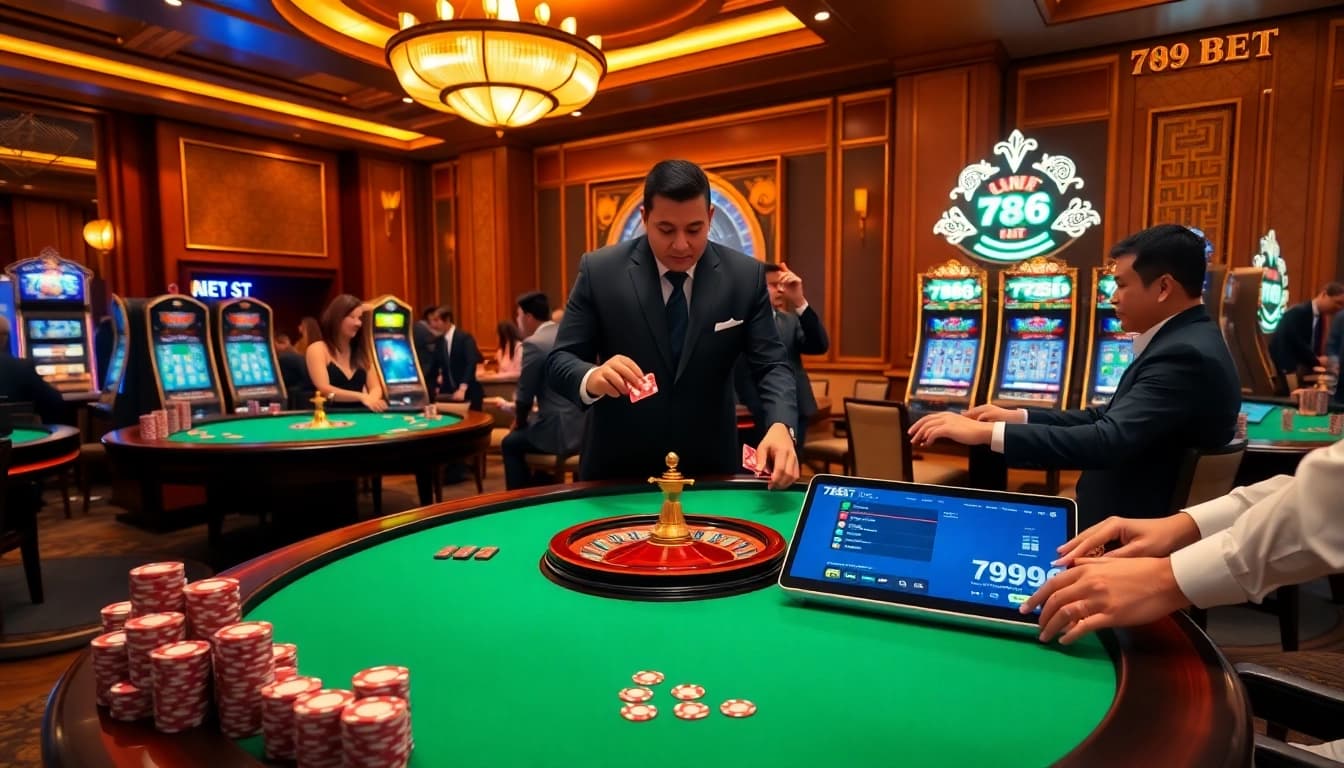 Experience the thrill of gambling at 789BET with elegant casino tables and vibrant slot machines.