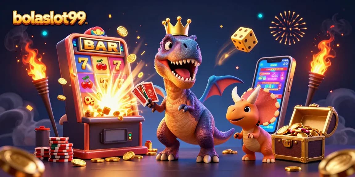 Engage with bolaslot99 in a vibrant 3D casino scene featuring dynamic characters and rich game elements.