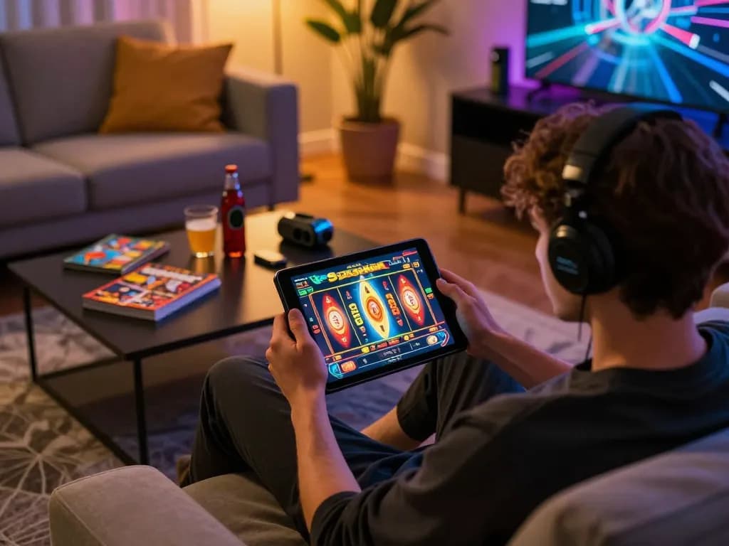 Pemain berinteraksi dengan permainan kasino online Spaceman di tablet, dikelilingi oleh materi strategi permainan.