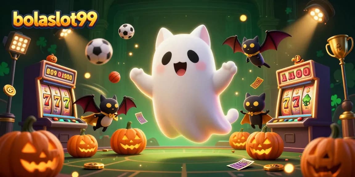 Play exciting slot games with bolaslot99 featuring a friendly ghost cat and spooky elements.