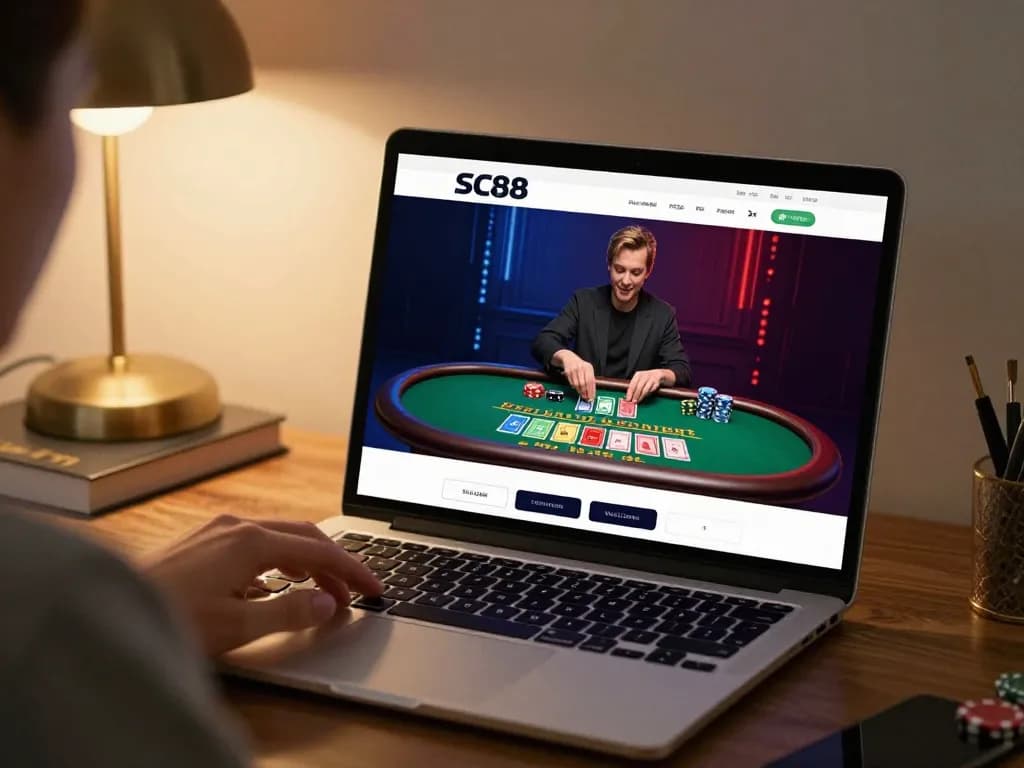 Engaging SC88 gameplay through a laptop at home with live blackjack interface.