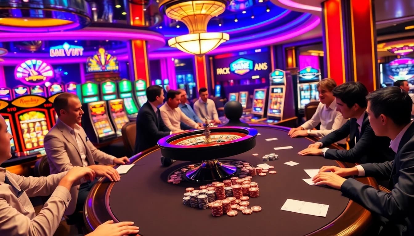 SV 368 gamblers enjoying high-stakes poker, surrounded by vibrant casino decor and excitement.