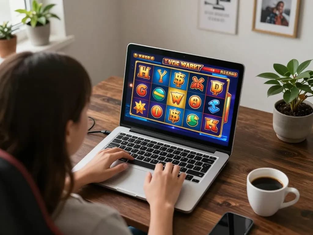 IDNSCORE user celebrating a win during an online slot game on their laptop in a cozy home setting.
