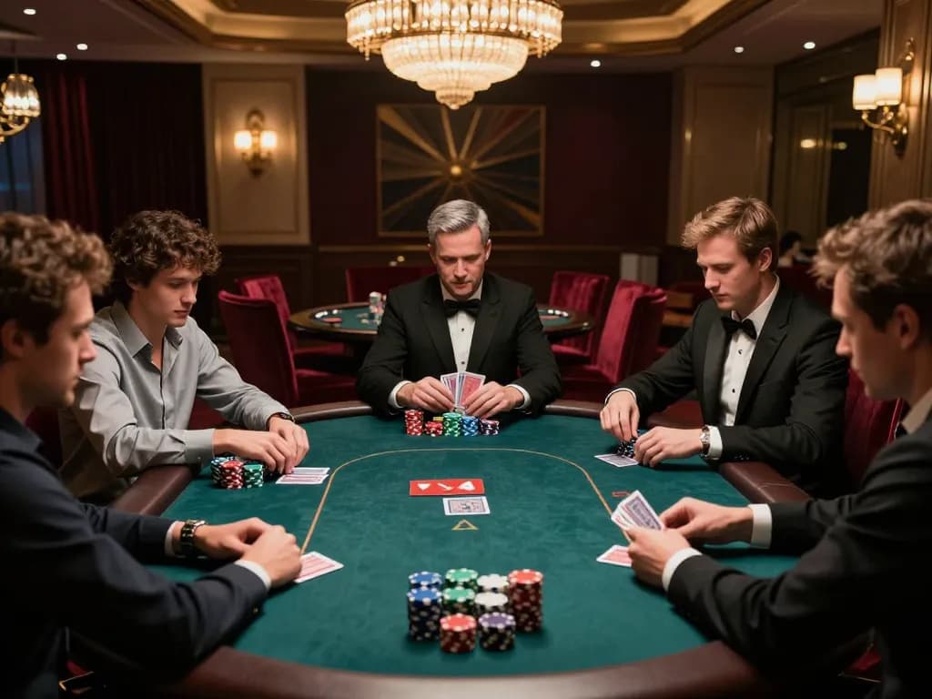 TR88 poker players calculating their bets at high-stakes table in luxury casino setting