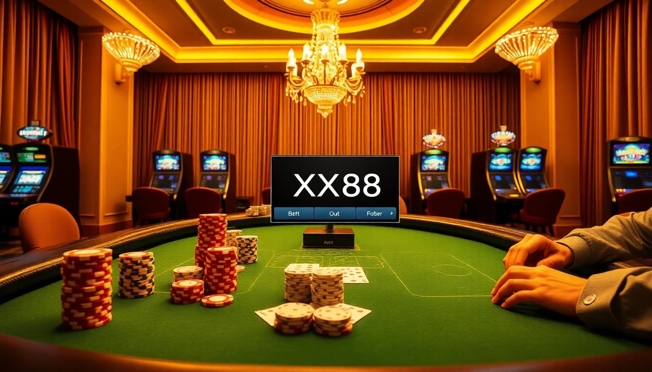 Engage with the excitement of XX88 at a luxurious poker table filled with chips, cards, and rich ambiance.