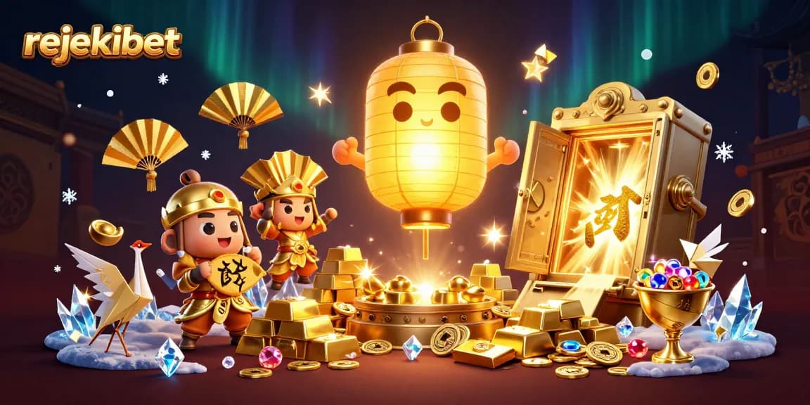 Experience thrilling wins at rejekibet with a vibrant casino scene brimming with lucky symbols and treasures.