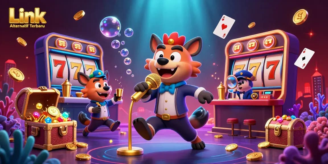 Win big with Link Alternatif Terbaru in this vibrant casino scene featuring hyena characters!