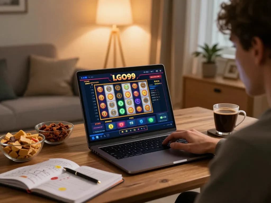 Pengalaman permainan online LGO99 dengan slot berputar di laptop di ruang tamu yang nyaman.