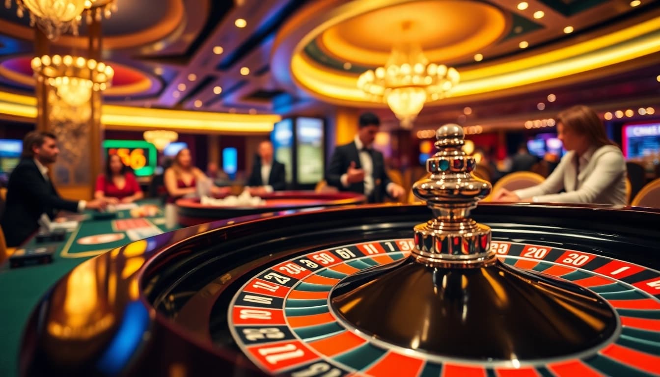 OLYMPUS88 menampilkan permainan roulette di kasino yang glamor dengan pemain yang terlibat