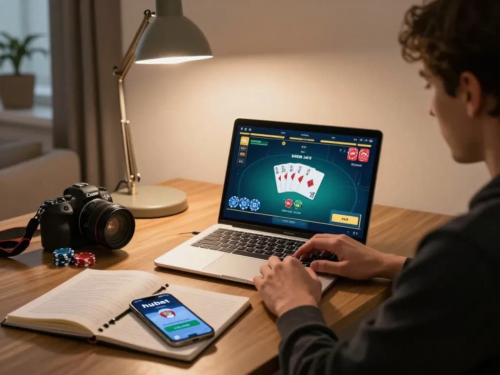 Engaging in poker gameplay on hubet's online casino platform with warm lighting and strategies.