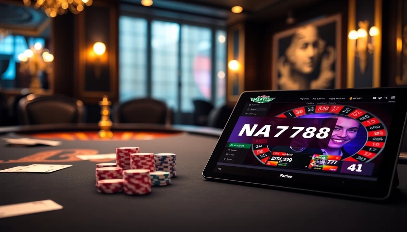 Experience thrilling gameplay at NA777's luxurious casino featuring roulette, poker chips, and vibrant online interfaces.