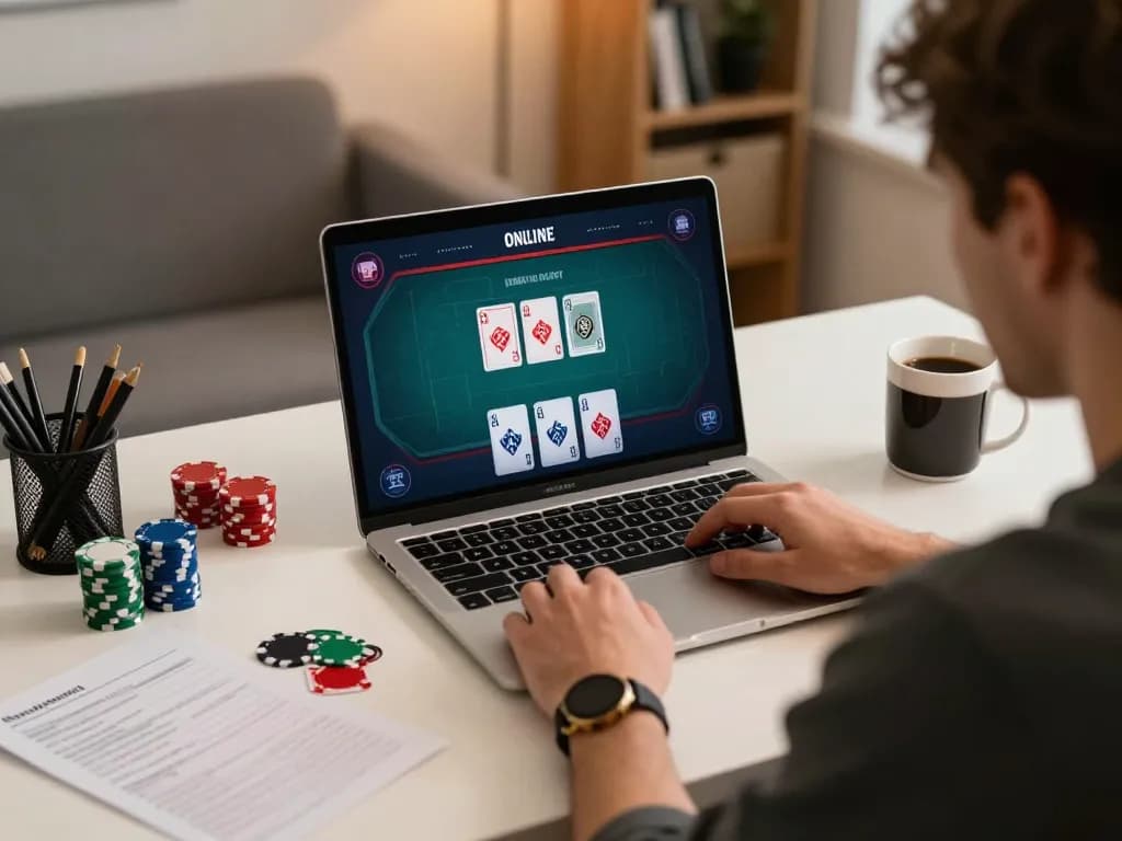 IDNSCORE player strategizing in an engaging online poker game from a cozy home office.