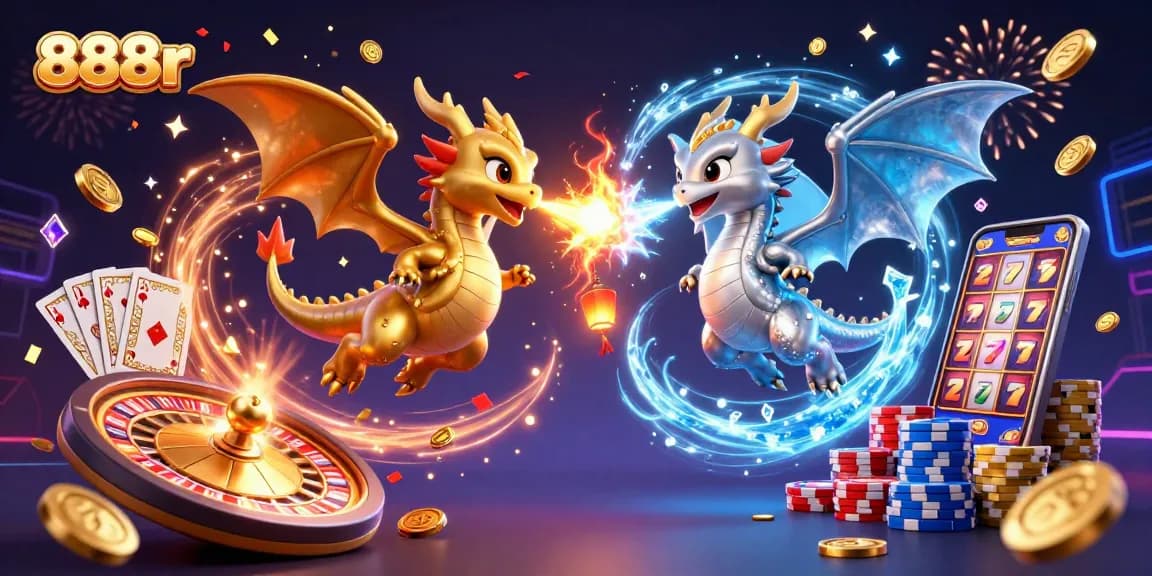 Experience thrilling dragon battles with gold and silver dragons in 888r's magical casino scene.